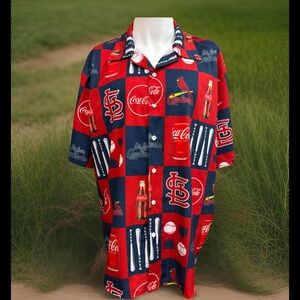 Coca Cola Men's Red and Blue Patterned Shirt